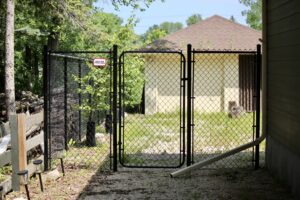 Black Vinyl Coated Chain Link residential fence in Winnipeg with single gate enclosing narrow side yard between buildings